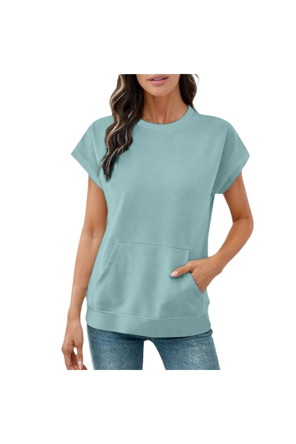 Women's 2026 Short Sleeve Sweatshirt with Pocket, Casual Loose Fit Summer Tops for Work, Travel & Daily Wear Blue XL