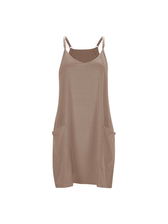 Women’s Adjustable Spaghetti Strap Casual Dress, V Neck Loose Fit Sleeveless Pocket Summer Knit Short Dress for Daily Loungewear & Outdoor Wear Khaki S