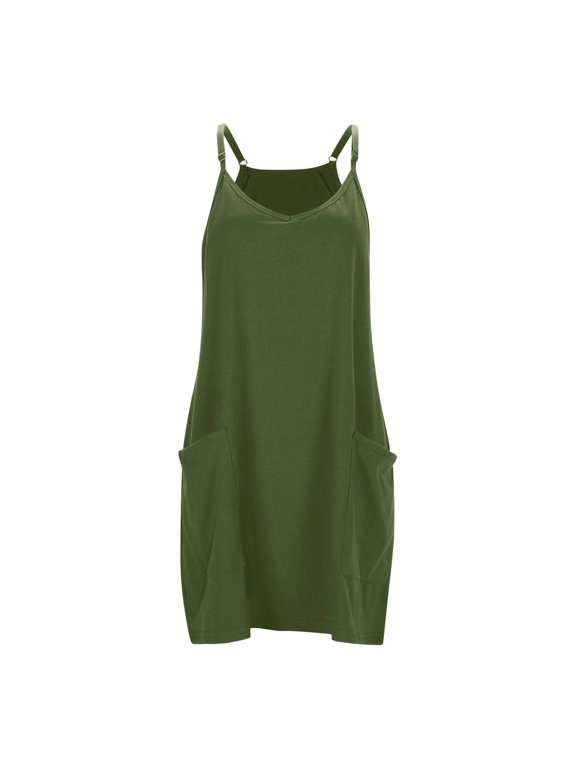 Women’s Adjustable Spaghetti Strap Casual Dress, V Neck Loose Fit Sleeveless Pocket Summer Knit Short Dress for Daily Loungewear & Outdoor Wear Army Green L