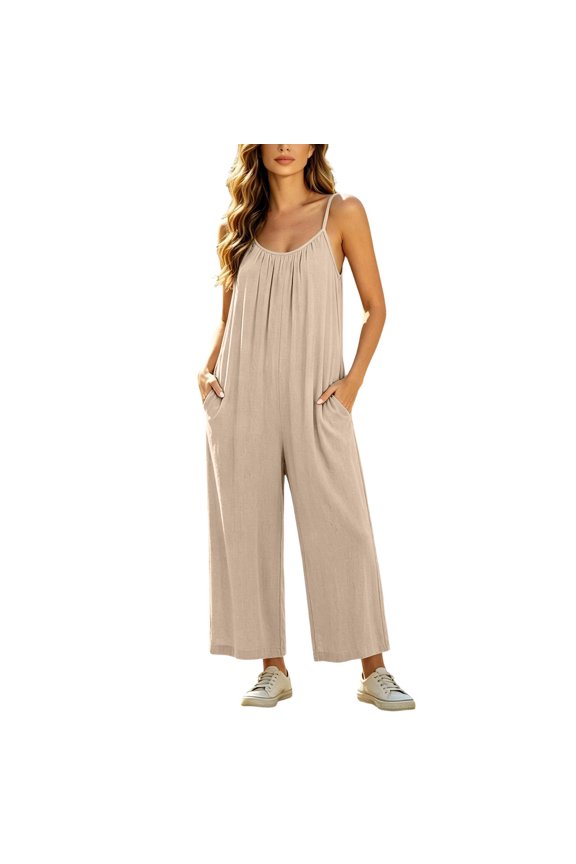 Women’s Adjustable Spaghetti Strap Solid Jumpsuit, Loose Wide Leg Sleeveless Casual Romper with Side Pockets for Summer Daily & Beach Outfit Khaki XXL