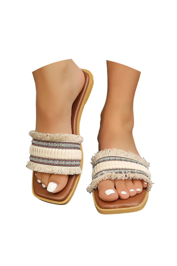Women’s Boho Tassel Slide Sandals, Rhinestone Embellished Flat Open-Toe Slippers for Beach & Casual Wear Brown 37