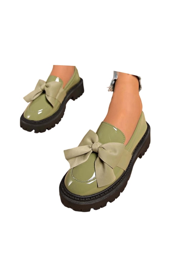 Women's Bow Platform Loafers, Slip On Chunky Heel Leather Shoes, Comfortable Casual Walking Footwear for Work & Daily Wear Green 36