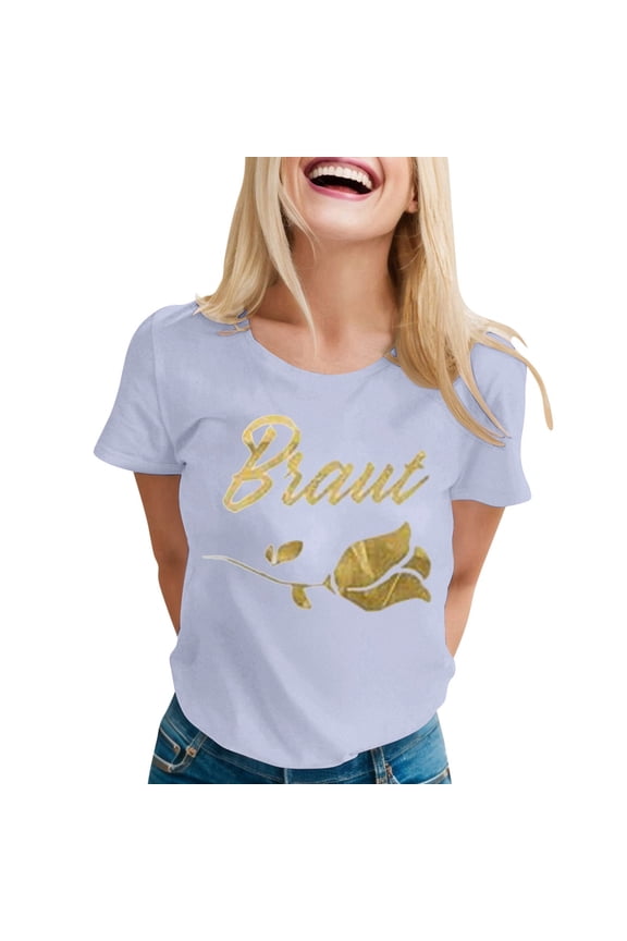 Women’s Braut Letter Print T-Shirt, Casual Crew Neck Short Sleeve Tee, Soft Loose Fit Bridal Top For Daily & Wedding Occasions Light Gray L