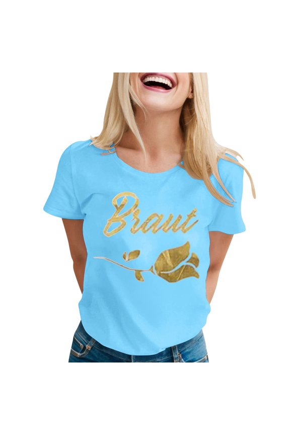 Women’s Braut Letter Print T-Shirt, Casual Crew Neck Short Sleeve Tee, Soft Loose Fit Bridal Top For Daily & Wedding Occasions Sky Blue XL