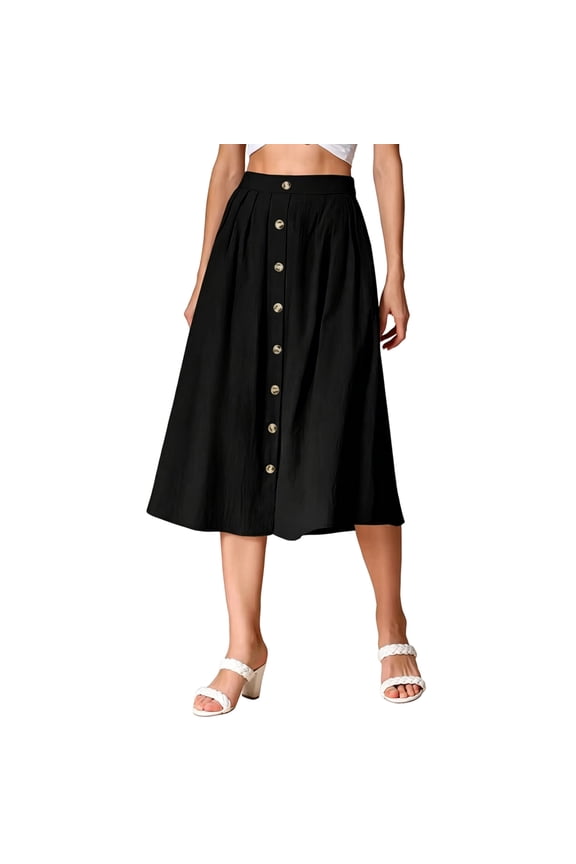 Women’s Button Front A-Line Midi Skirt, High Waist Flowy Casual Skirt for Work & Everyday Wear Black XXL