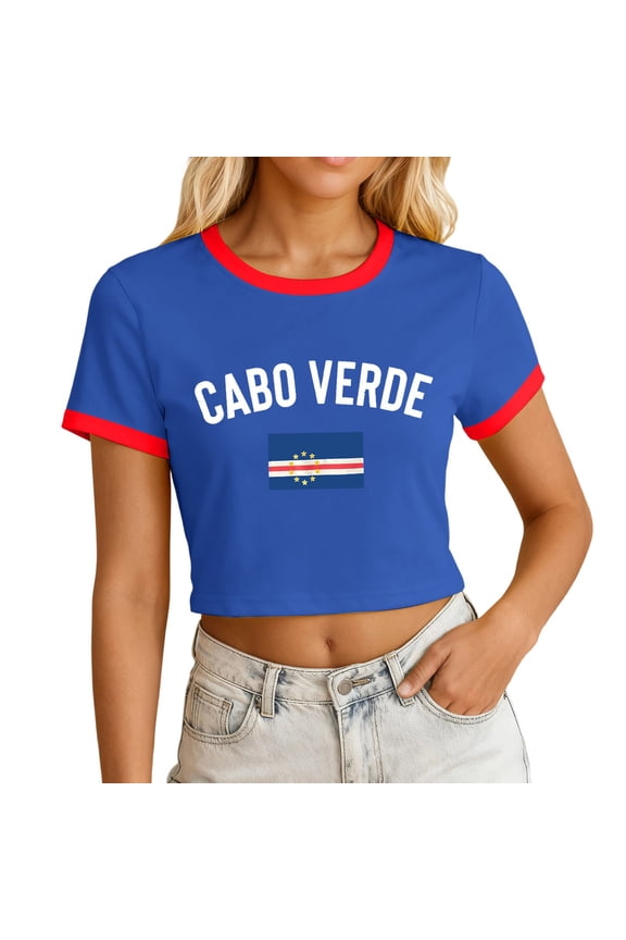 Women’s Cabo Verde Flag Print Crop Top, Ringer Short Sleeve T-Shirt, Casual Soft Polyester Tee For Daily Wear Blue XS