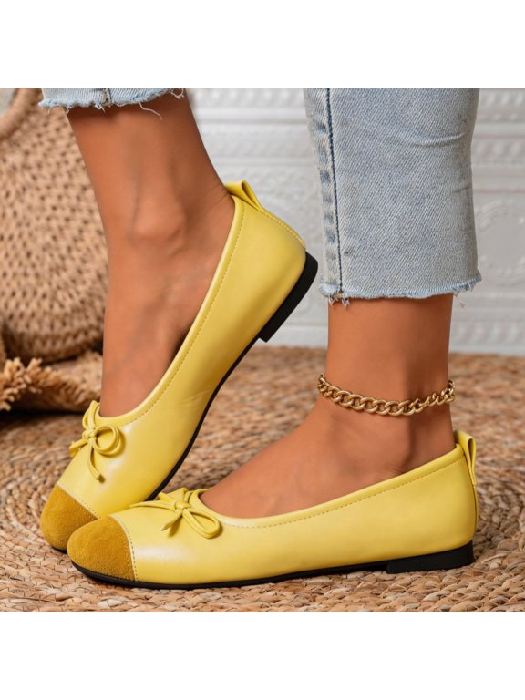 Women's Cap-Toe Bow Ballet Flats Slip-On Casual Comfortable Flat Dress Shoes For Women Yellow 36