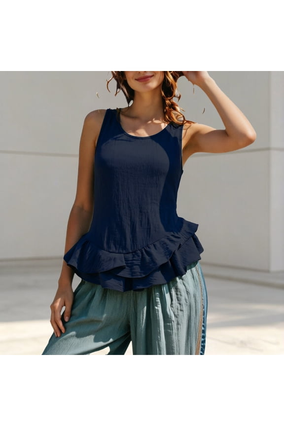Women's Casual Sleeveless Ruffle Hem Tank Top, Flowy Crew Neck Blouse, Lightweight Linen Blend Summer Layering Top Navy XL