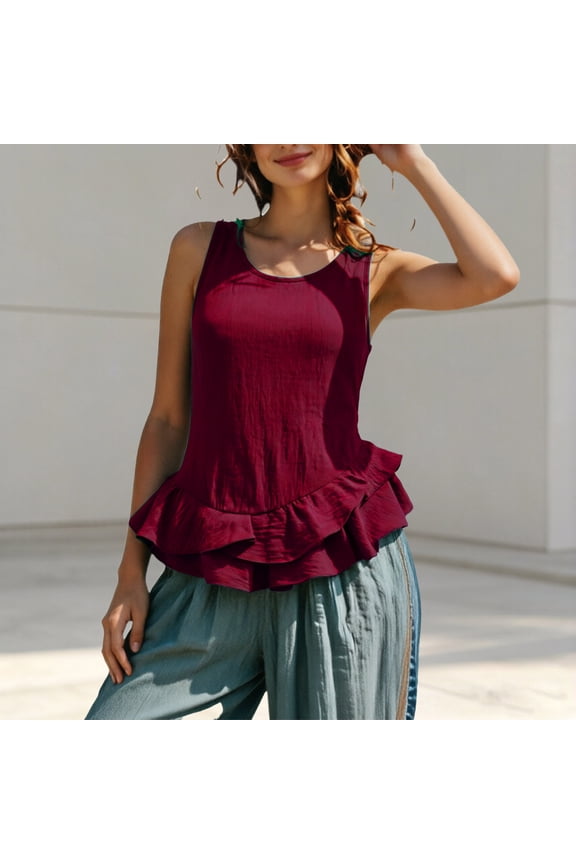 Women's Casual Sleeveless Ruffle Hem Tank Top, Flowy Crew Neck Blouse, Lightweight Linen Blend Summer Layering Top Red XL