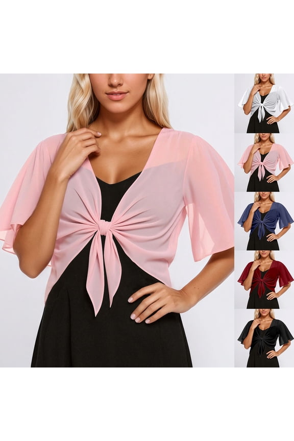 Women’s Chiffon Tie-Front Kimono Shrug, Lightweight Open Front Cover Up with Flutter Sleeves for Beach & Party Navy S