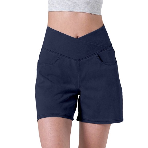 Rove Studio Women’s Cross V Crossover High Waist Stretch Denim Shorts, Soft Breathable Solid Color Casual Short Jeans with Side Pockets for Summer Daily Outdoor Wear Dark Blue S