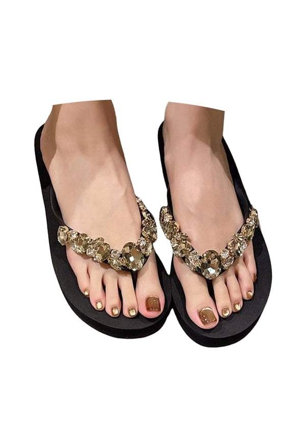 Women’s Crystal Embellished Platform Flip Flops, Elegant Open-Toe Summer Sandals for Casual Wear Black 35