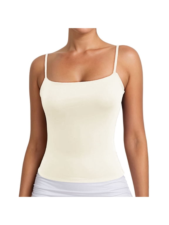 Women’s Double Lined Spaghetti Strap Camisole, Square Neck Sleeveless Tank Top, Stretchy Slim Fit Layering Cami For Daily Wear White S