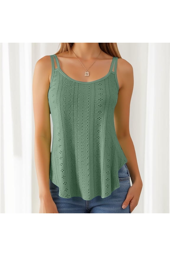 Women’s Eyelet Cutout Knit Tank Top, Double Spaghetti Strap Round Neck Relaxed Fit Sleeveless Vest for Summer Casual Daily Layering Green S