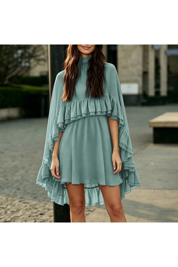 Women's Flowy Chiffon Skirt Set 2-Piece Cape-Style Ruffle Mini Dress with Camisole Light Green XL