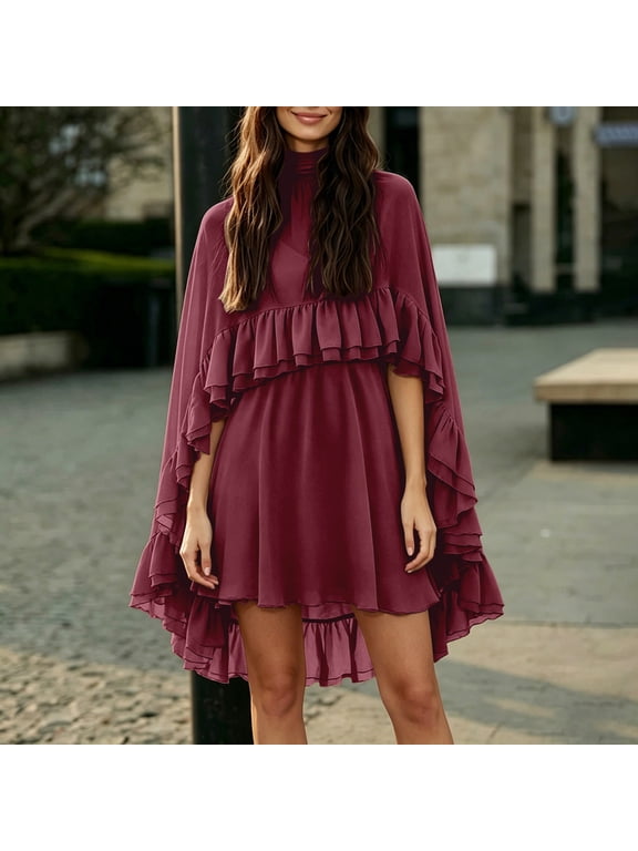 Women's Flowy Chiffon Skirt Set 2-Piece Cape-Style Ruffle Mini Dress with Camisole RD1 S