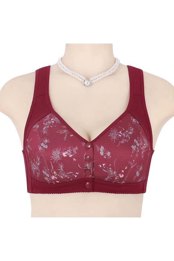 Women's Front Button Comfort Bra, Seamless Floral Wireless Bras for Women with Adjustable Straps Red 36