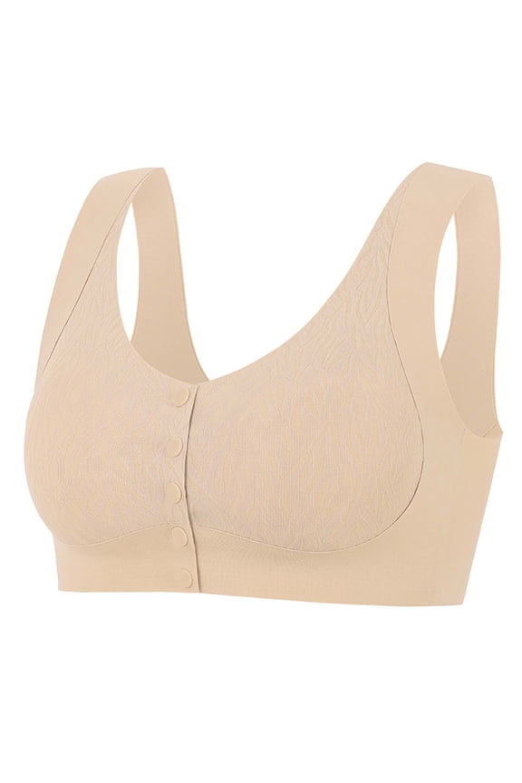 Women's Front Closure Wireless Comfort Bra, Seamless Everyday Bras for Women with Wide Straps & Removable Pads Beige L