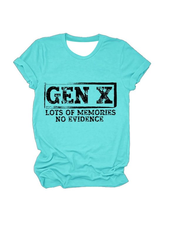 Women's Gen X Graphic T-Shirt, Funny "Lots of Memories No Evidence" Short Sleeve Casual Tee, Retro Gen X V-Neck Top Sky Blue L