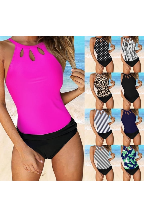 Women's High Neck Keyhole Tankini Set, Two Piece Tummy Control Swimsuits for Women, Backless Bathing Suits for Beach & Pool Hot Pink M
