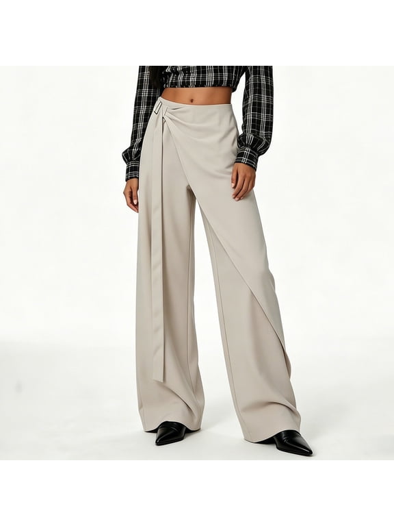 Women's High Waist Asymmetrical Wrap Pants Wide Leg Straight Leg Trousers With Ribbon Detail Casual Flowy Palazzo Pants Beige XXL