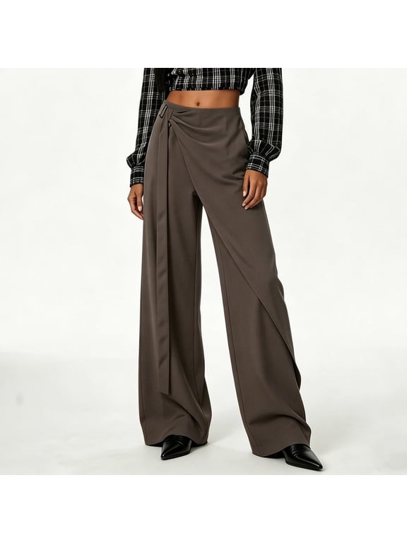 Women's High Waist Asymmetrical Wrap Pants Wide Leg Straight Leg Trousers With Ribbon Detail Casual Flowy Palazzo Pants Grey S