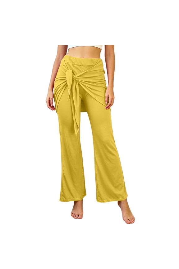 Women’s High Waist Bodycon Pants, Faux Wrap Pleated Slimming Trousers, Stretchy Casual Solid Color Leggings Yellow M