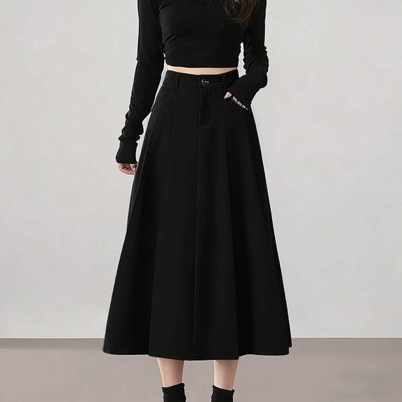 Rove Studio Women's High Waist Pleated A-Line Midi Skirt, Casual Flared Work Skirt with Pockets, Elegant Solid Skirts for Women Black L