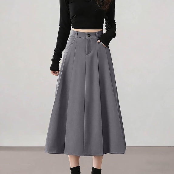 Rove Studio Women's High Waist Pleated A-Line Midi Skirt, Casual Flared Work Skirt with Pockets, Elegant Solid Skirts for Women Grey S