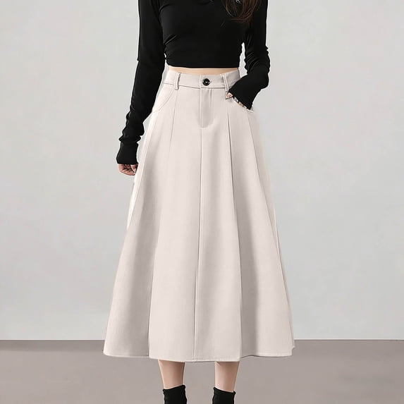 Rove Studio Women's High Waist Pleated A-Line Midi Skirt, Casual Flared Work Skirt with Pockets, Elegant Solid Skirts for Women White S