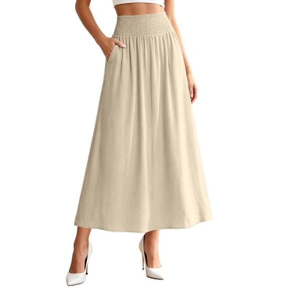 Rove Studio Women’s High Waist Smocked Midi Skirt, Elastic Waist Flowy A-Line Casual Skirt with Pockets Beige L