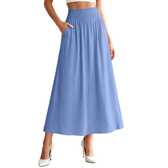 Rove Studio Women’s High Waist Smocked Midi Skirt, Elastic Waist Flowy A-Line Casual Skirt with Pockets Blue XXL