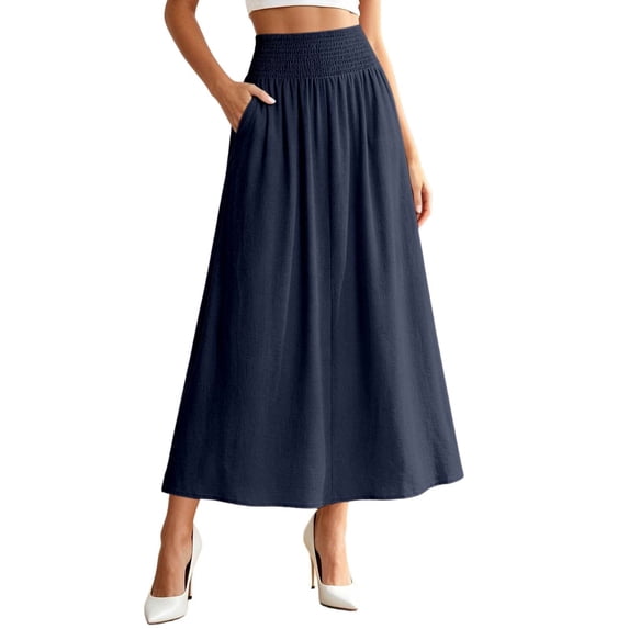 Rove Studio Women’s High Waist Smocked Midi Skirt, Elastic Waist Flowy A-Line Casual Skirt with Pockets Navy M