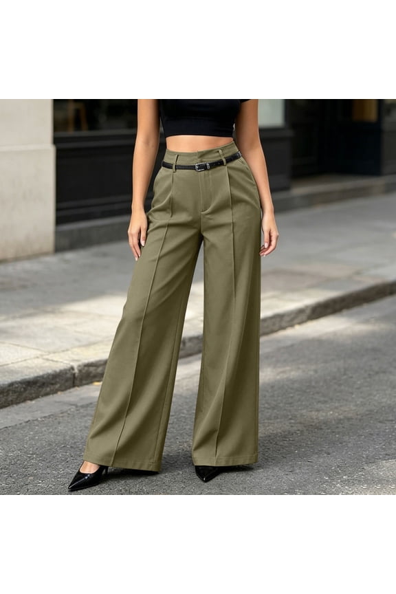 Women's High Waist Wide Leg Dress Pants, Business Casual Work Slacks, Elegant Linen Pants Women Army Green XL