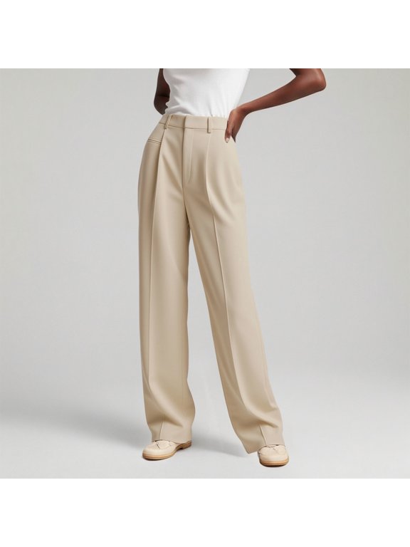 Women's High Waist Wide Leg Dress Pants, Pleated Straight Leg Work Trousers, Elegant Linen Pants Women Beige S