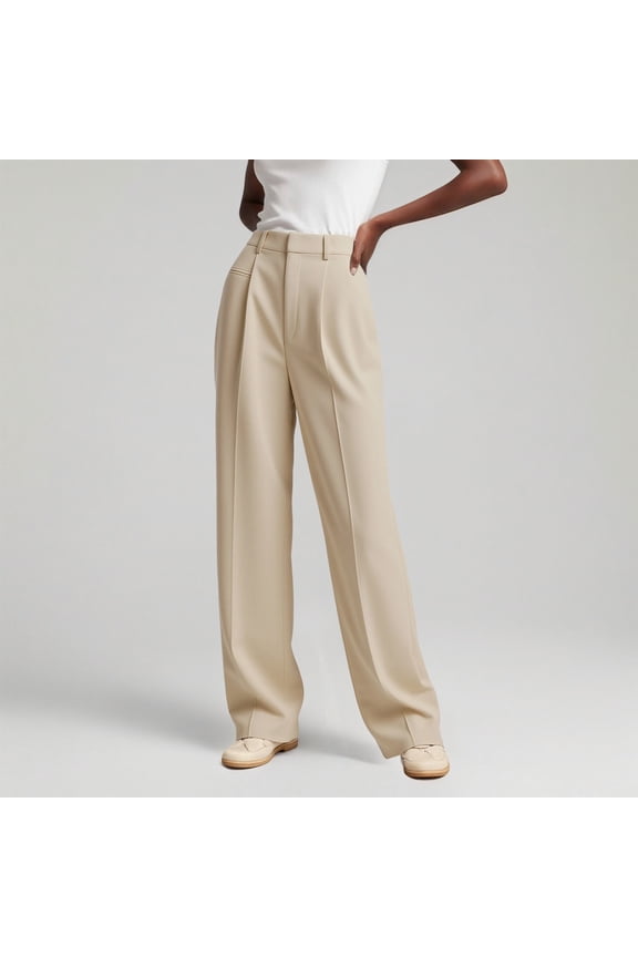 Women's High Waist Wide Leg Dress Pants, Pleated Straight Leg Work Trousers, Elegant Linen Pants Women Beige S