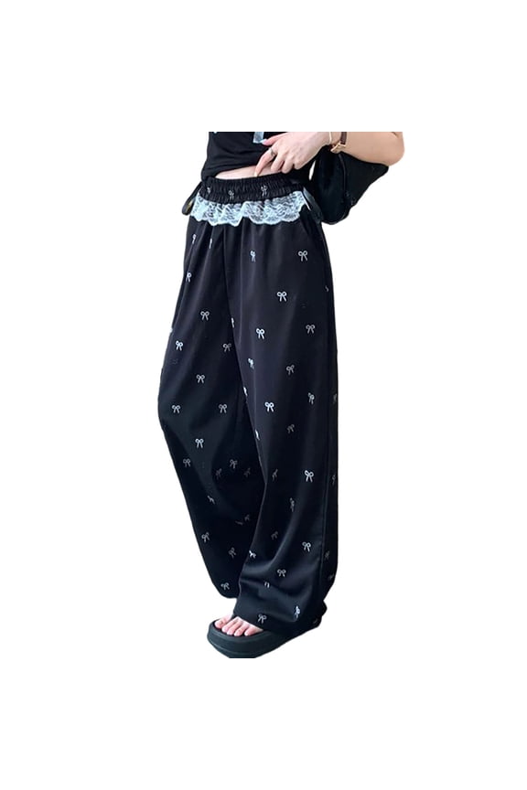 Women’s High Waist Wide Leg Pants, Bow Print Lace Trim Flowy Casual Trousers, Streetwear Daily Wear Black XXL
