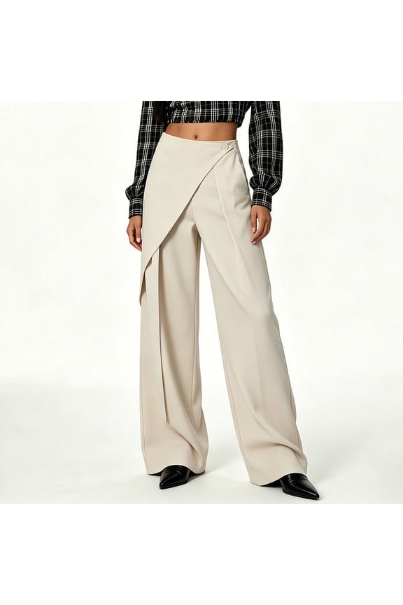 Women's High Waist Wide Leg Trousers Asymmetrical Overlay Palazzo Pants Business Casual Straight Leg Dress Pants White L