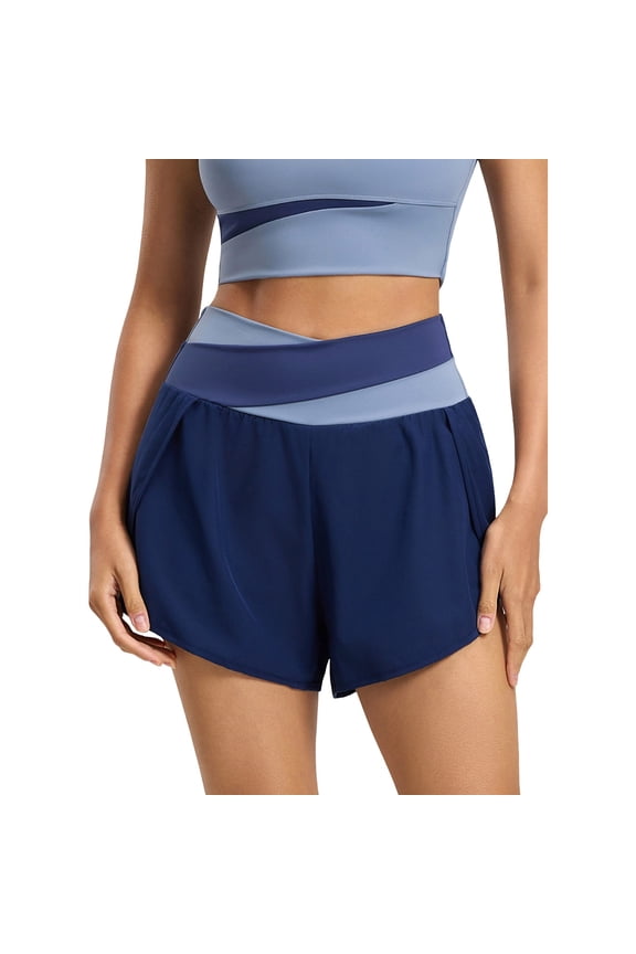 Women's High Waisted Two-Tone Yoga Shorts, Quick Dry Layered Workout CRZ Yoga Shorts for Women with Liner Blue S