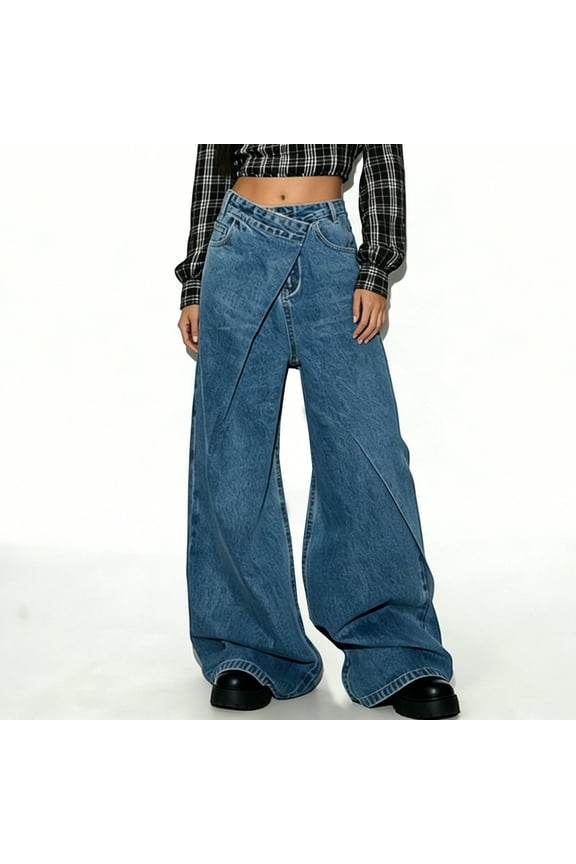 Women's Jeans Asymmetrical Cross Waist Wide Leg Stretchy High Waist Denim Pants Casual Straight Leg Jeans Blue S
