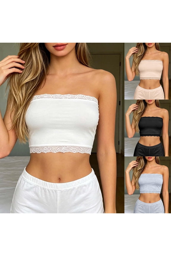 Women’s Lace Trim Tube Top, Lightweight Breathable Bandeau, Double-Layer No-Show Innerwear for Summer White L