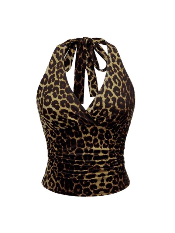 Women’s Leopard Print Halter Top, Sleeveless Backless Tank Top With Tie Neck, Stretchy Slim Fit Summer Camisole For Casual Wear Yellow XS