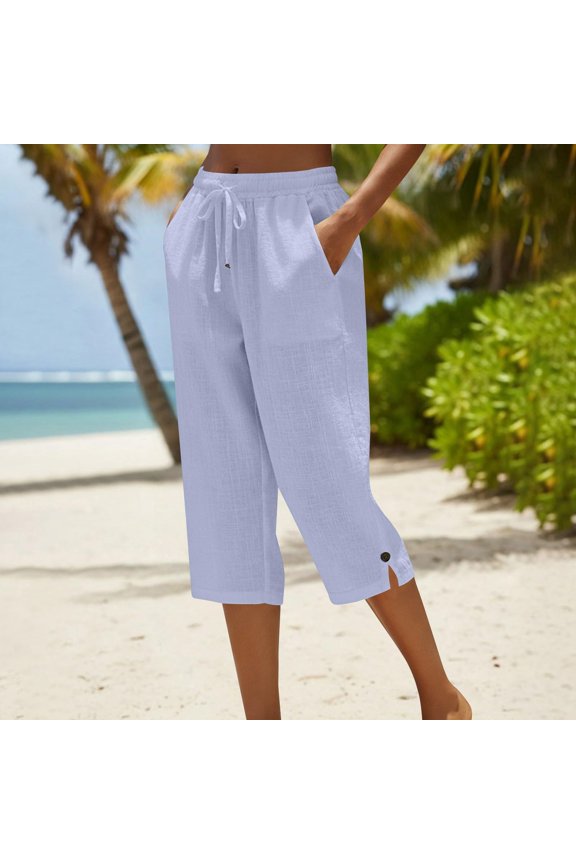 Women's Linen-Look Cropped Capri Pants, Elastic Drawstring Waist, Lightweight Casual Trousers Pants for Women with Pockets Light Blue L