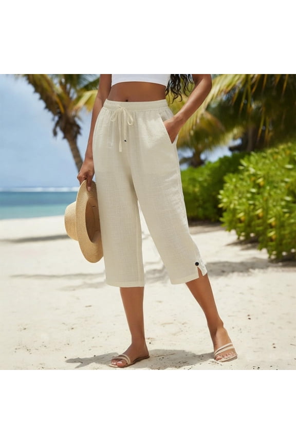 Women's Linen-Look Cropped Capri Pants, Elastic Drawstring Waist, Lightweight Casual Trousers Pants for Women with Pockets Light Yellow L