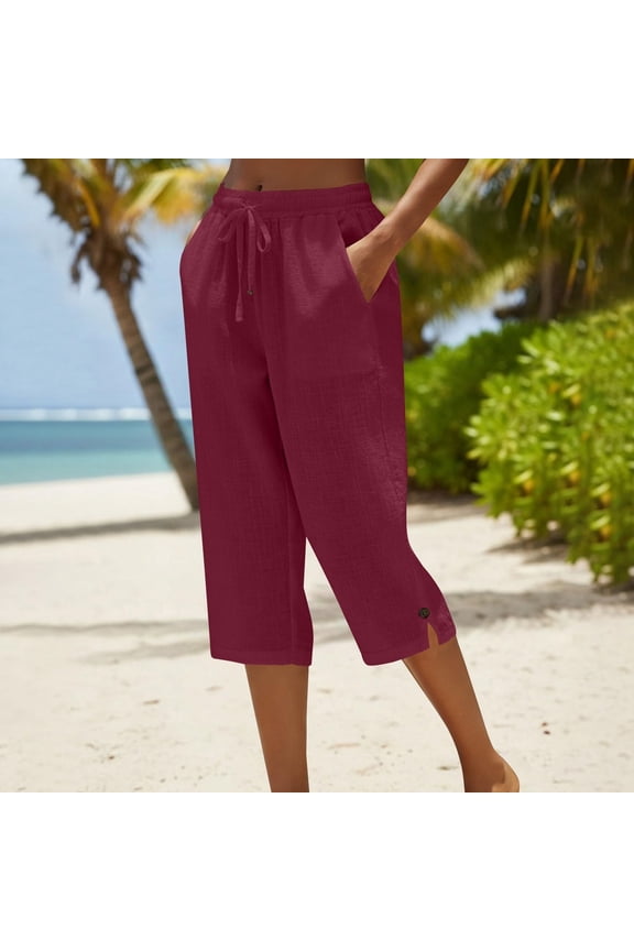 Women's Linen-Look Cropped Capri Pants, Elastic Drawstring Waist, Lightweight Casual Trousers Pants for Women with Pockets XXL