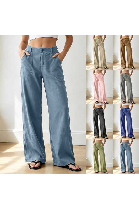 Women’s Linen-Look Straight Leg Pants, Loose Fit Casual Trousers with Pockets, Solid Color Daily Wear Blue XXL