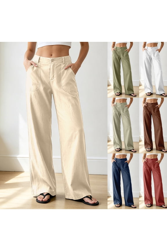 Women’s Linen-Look Straight Leg Pants, Loose Fit Casual Trousers with Pockets, Solid Color Daily Wear Green1 XXL