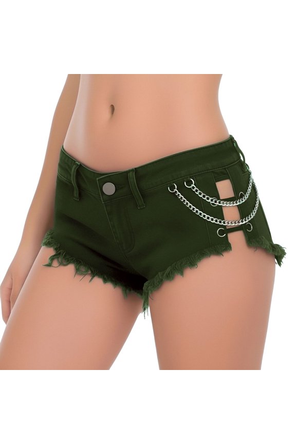 Women’s Low Rise Frayed Raw Hem Denim Shorts, Metal Chain Cutout Decor Stretchy Summer Jean Shorts, Solid Color Casual Beach Daily Bottoms Army Green XL