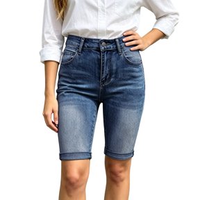 Rove Studio Women’s Mid Rise Washed Denim Bermuda Shorts, Rolled Cuff Knee Length Jean Shorts with Pockets, Breathable Casual Bottoms for Spring Summer Daily Wear Dark Blue S