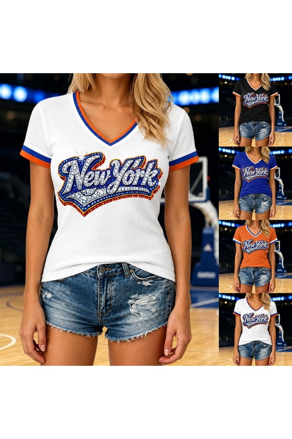 Women’s New York Rhinestone Letter Mesh V Neck T-Shirt, Contrast Trim Short Sleeve Loose Breathable Summer Casual Sports Game Day Top Black XS